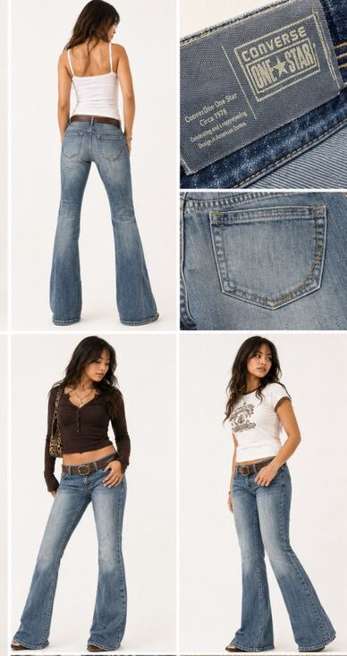 Converse One Star Denim - Y2K Indie Sleaze 2000s Converse One Star Low Rise Flare Jeans Size 6 Faded Blue